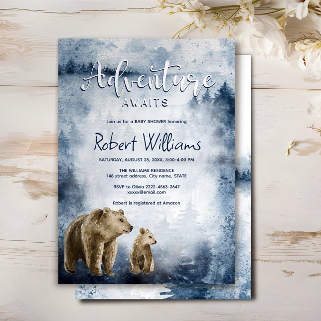 Mother and baby bear watercolor forest invitation  (Blue watercolor foggy forest mommy and baby bear adventure begins baby shower invitation )
