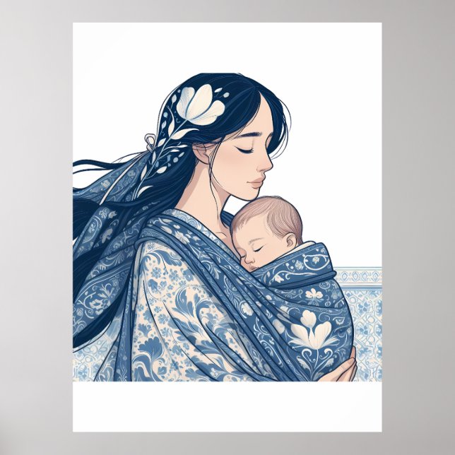 Mother and Baby – Blue Floral Embrace Art Poster (Front)