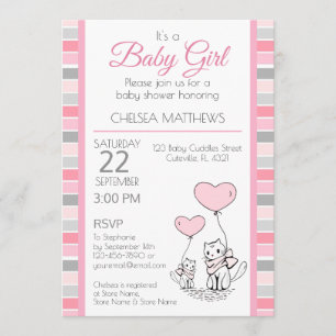 Mother and Baby Cat with Hearts Invitation