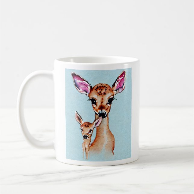 Mother And Baby Deer Watercolor Love Family Coffee Mug (Left)