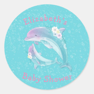 Mother and Baby Dolphin Girl Baby Shower Monogram  Classic Round Sticker