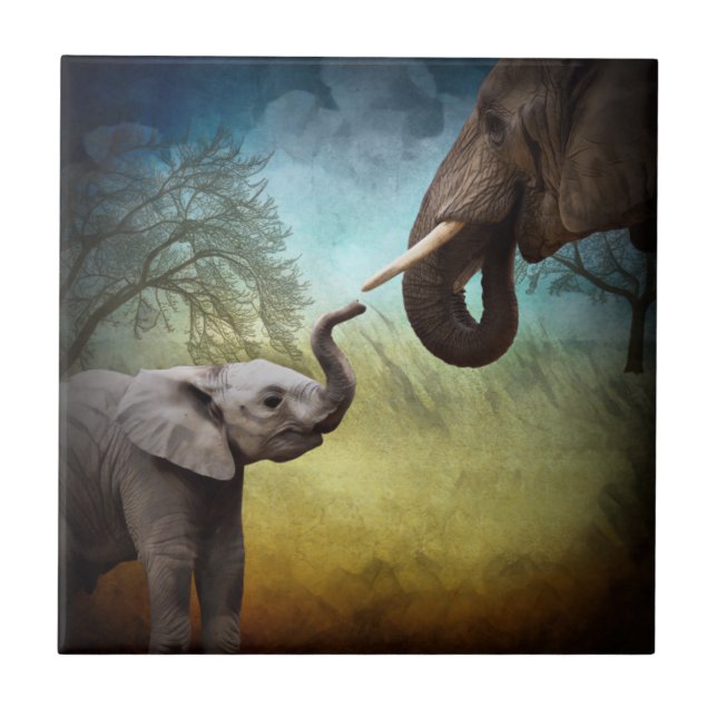 Mother And Baby Elephant Ceramic Tile (Front)