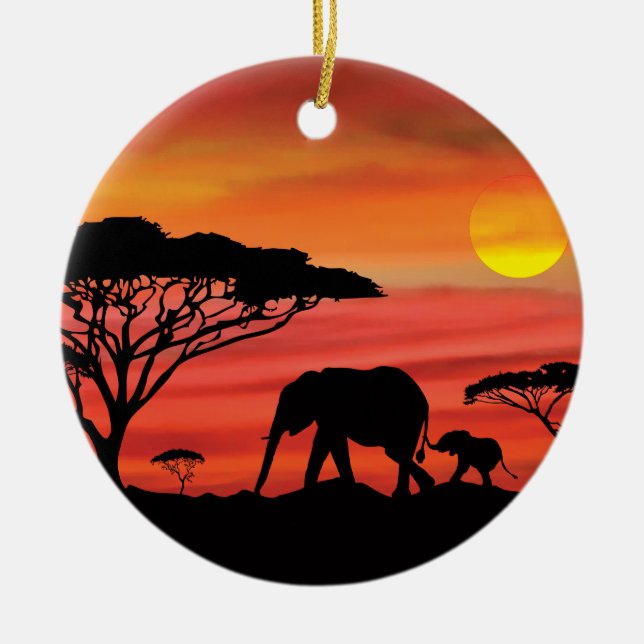 Mother and Baby Elephant in the Serengeti Ceramic Ornament (Front)