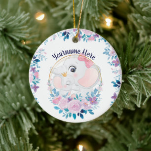 Mother and Baby Elephant Pink Blush Flower Wreath Ceramic Ornament