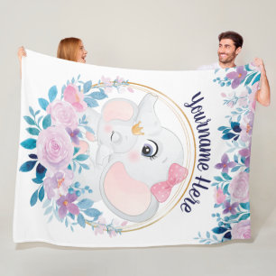 Mother and Baby Elephant Pink Blush Flower Wreath Fleece Blanket