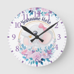 Mother and Baby Elephant Pink Blush Flower Wreath Round Clock