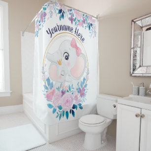 Mother and Baby Elephant Pink Blush Flower Wreath Shower Curtain