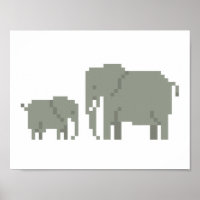 Mother And Baby Elephant Pixel Art Poster