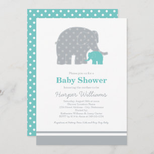 Mother and Baby Elephant Shower Aqua Blue and Grey Invitation