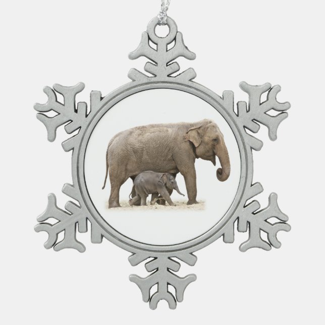 Mother and Baby Elephant Snowflake Pewter Christmas Ornament (Front)