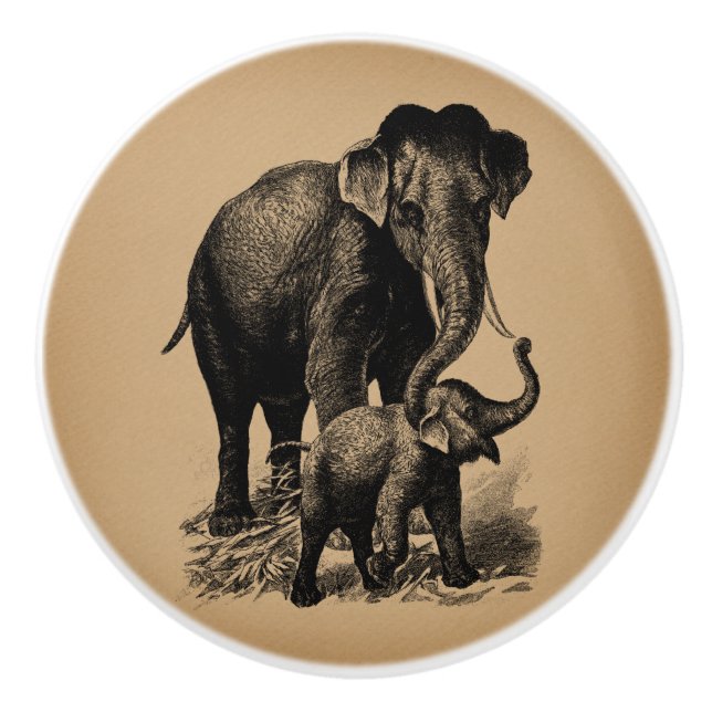 Mother and Baby Elephant Vintage Art Ceramic Knob (Front)