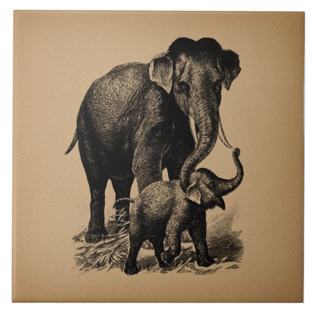 Mother and Baby Elephant Vintage Art Ceramic Tile (Front)