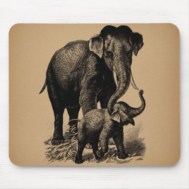 Mother and Baby Elephant Vintage Art Mouse Pad (Front)