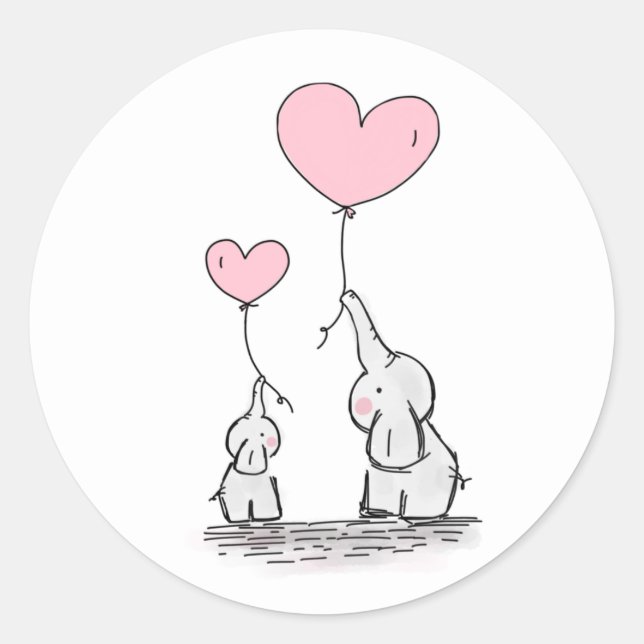 Mother and Baby Elephant with Heart Balloons Classic Round Sticker (Front)
