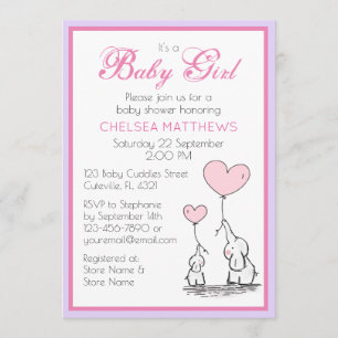 Mother and Baby Elephant with Heart Balloons Girl Invitation