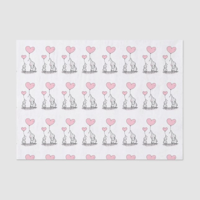 Mother and Baby Elephant with Heart Balloons Tissue Paper (Front)