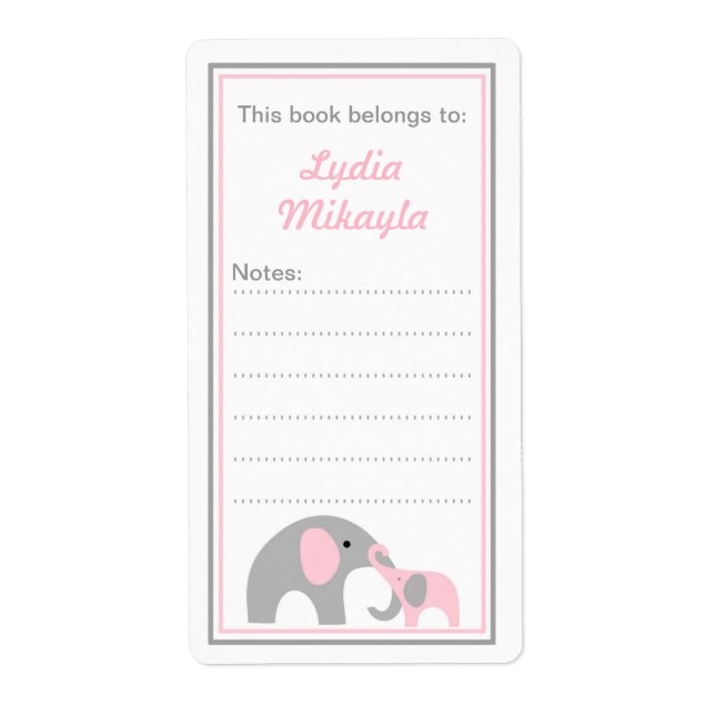 Mother and Baby Elephants Bookplate book labels (Front)