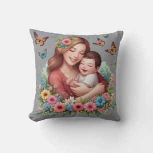 Mother and Baby Floral Embrace with Butterflies Cushion