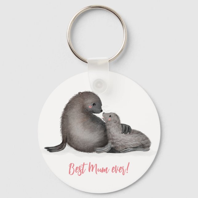 Mother and baby fur seal 'Best mum ever' key ring (Front)