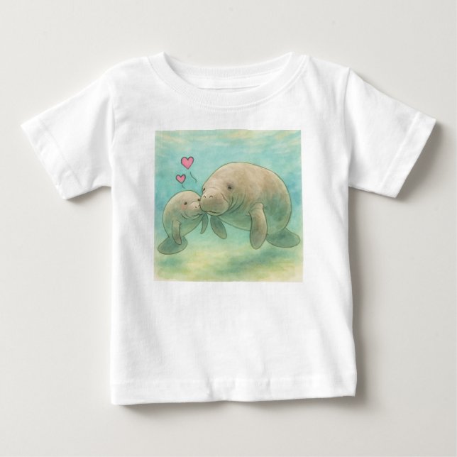 Mother and Baby Manatee Watercolor Illustration –  T-Shirt (Front)