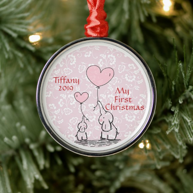 Mother And Baby Pink Elephant- My First Christmas Metal Ornament (Tree)