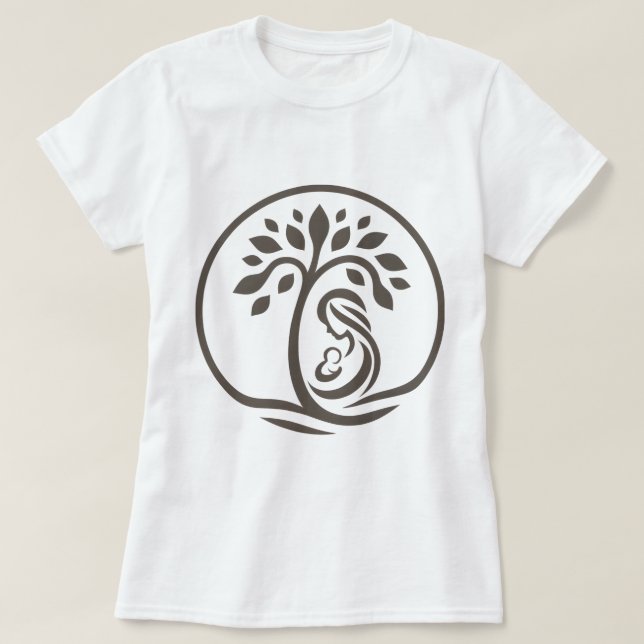 Mother and Baby Tree Khaki Silhouette Birth, Gift T-Shirt (Design Front)