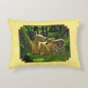 Mother and Baby Whitetail Deer Yellow Decorative Cushion