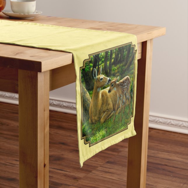 Mother and Baby Whitetail Deer Yellow Medium Table Runner (In Situ)