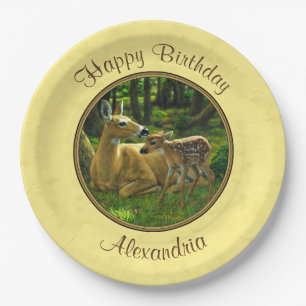 Mother and Baby Whitetail Deer Yellow Paper Plate