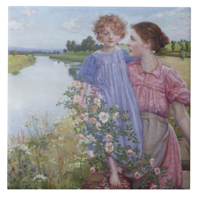 Mother and Child by a River With Wild Roses Ceramic Tile (Front)