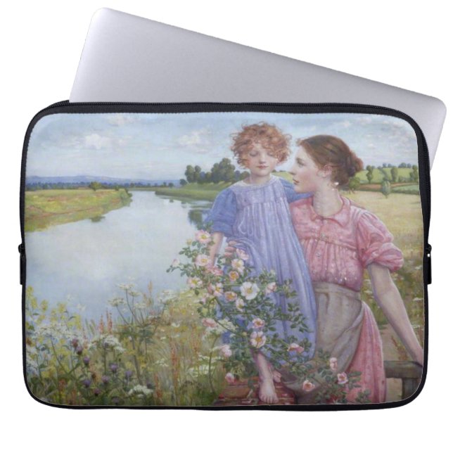 Mother and Child by a River With Wild Roses Laptop Sleeve (Front)