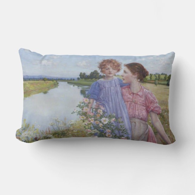 Mother and Child by a River With Wild Roses Lumbar Cushion (Front)