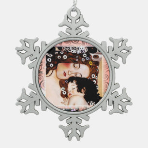 Mother and Child by Gustav Klimt Collage Snowflake Pewter Christmas Ornament