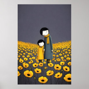 Mother and Child Holding Hands in a Golden Flower Poster