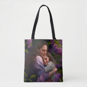Mother and Child Hugging Under a Lilac Bush Tote Bag