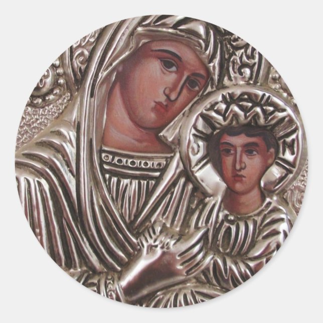 Mother and Child Icon, Madonna and Jesus in silver Classic Round Sticker (Front)