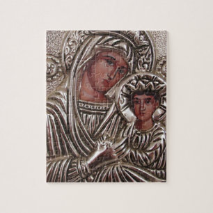 Mother and Child Icon, Madonna and Jesus in silver Jigsaw Puzzle