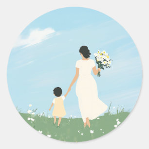 Mother and Child in a Blooming Meadow Classic Round Sticker