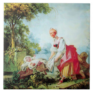 Mother and Child on Wheelbarrow by Fragonard Ceramic Tile