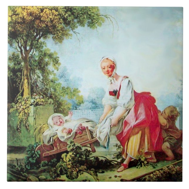 Mother and Child on Wheelbarrow by Fragonard Ceramic Tile (Front)