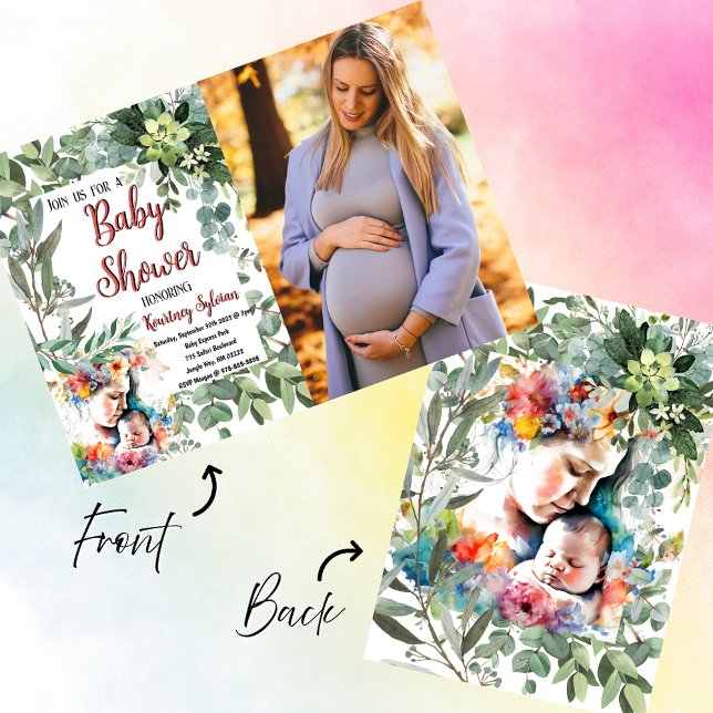 Mother and Child Watercolor Photo Baby Shower Invitation (🌿 Mother & Child Watercolor Photo Baby Shower Invitation – Elegance Meets Personal Touch! 💕✨)