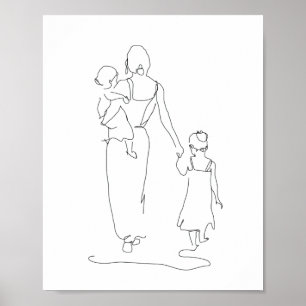 Mother and Children Line Art, Family Illustration, Poster