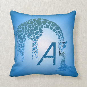 Mother and Cute Baby Giraffe Monogram   blue Cushion