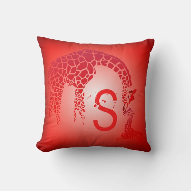 Mother and Cute Baby Giraffe Monogram | red Cushion (Front)