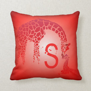 Mother and Cute Baby Giraffe Monogram   red Cushion
