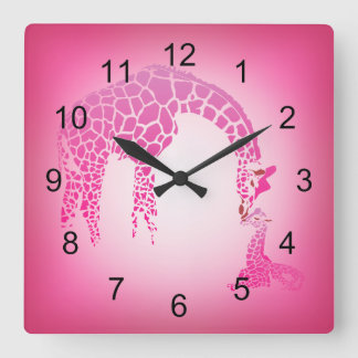 Mother and Cute Baby Giraffe | strawberry ice pink Square Wall Clock
