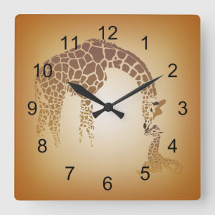 Mother and Cute Baby Giraffe tan Square Wall Clock