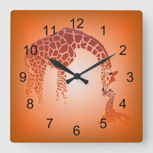 Mother and Cute Baby Giraffe tangerine Square Wall Clock