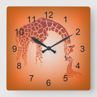 Mother and Cute Baby Giraffe | tangerine Square Wall Clock