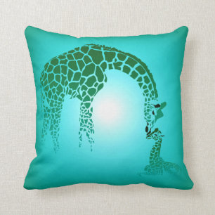 Mother and Cute Baby Giraffe   teal Cushion